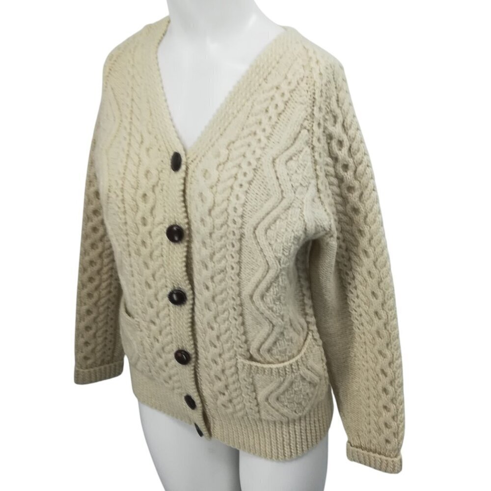 Vintage Wool Cable Knit Fisherman Cardigan Sweater Size M? Irish Handmade Beige